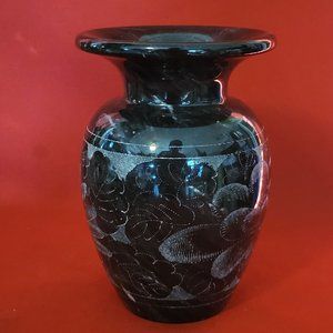VTG Marble Stone Bud Vase Etched Silver Flowers Black and Gray Marble